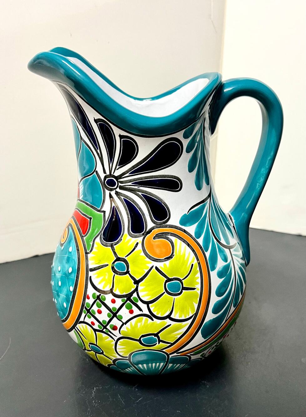 Authentic Mexican Talavera Ceramic Pitcher Hand-Painted Floral Folk Art Jug Vase